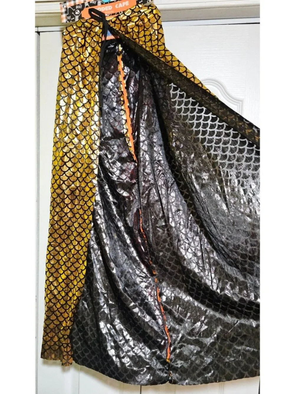 Gold Orange Scale Dragon Dinosaur Hooded Cape Halloween Dress Up Castle Kids NEW